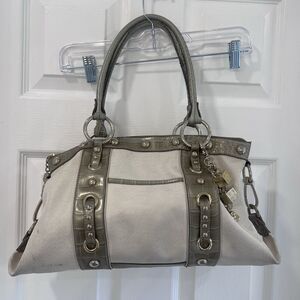 Kathy Van Zeeland Cream Canvas and Gold Studded Shoulder Bag Y2K Purse 18x11x9”